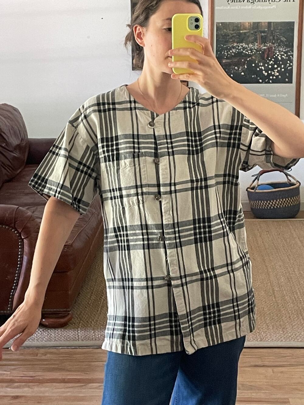 Vintage Cotton Plaid Short Sleeve Button Down Top Size Medium
